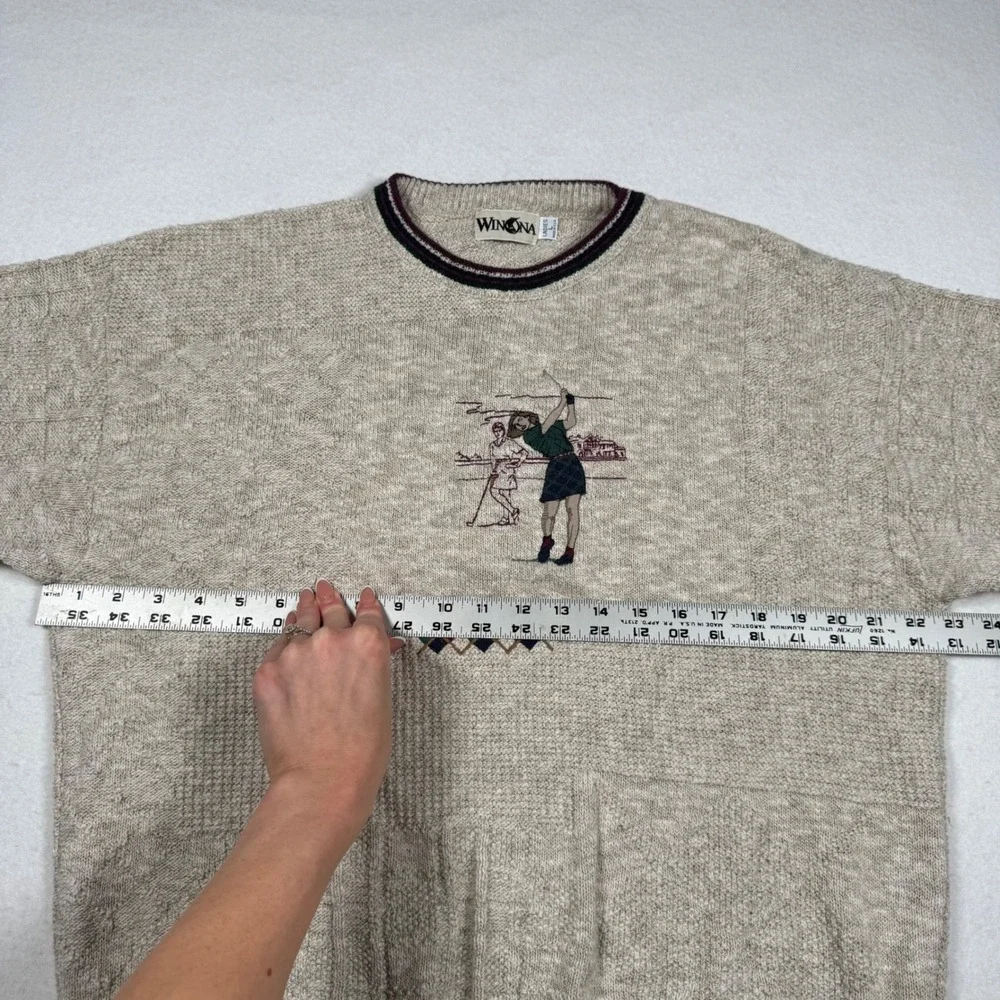 Vintage Winona Golf Embroidered Knit Sweater Womens Large Oatmeal Argyle USA